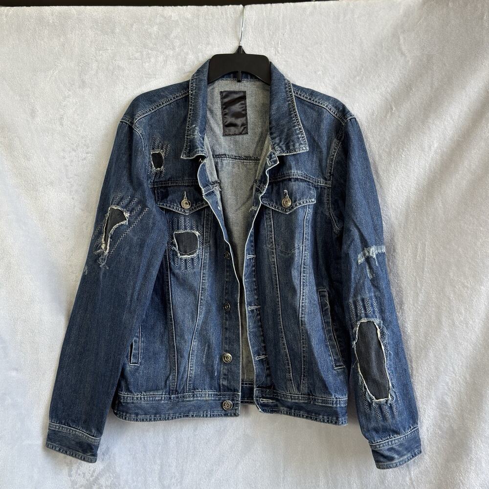 Krome Denim Jacket‎ Men M Distressed Patchwork Jean Trucker Jacket Grunge Street